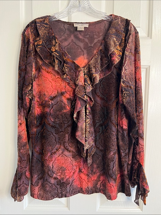 Vintage Tops - Vintage velvet burnout ruffle long sleeve blouse tie dye autumn damask 2X